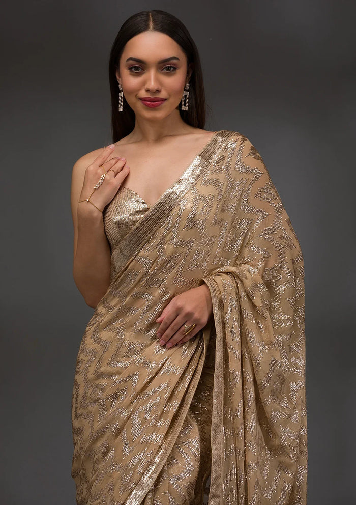 Fashion Cave Gold Sequins Georgette Saree