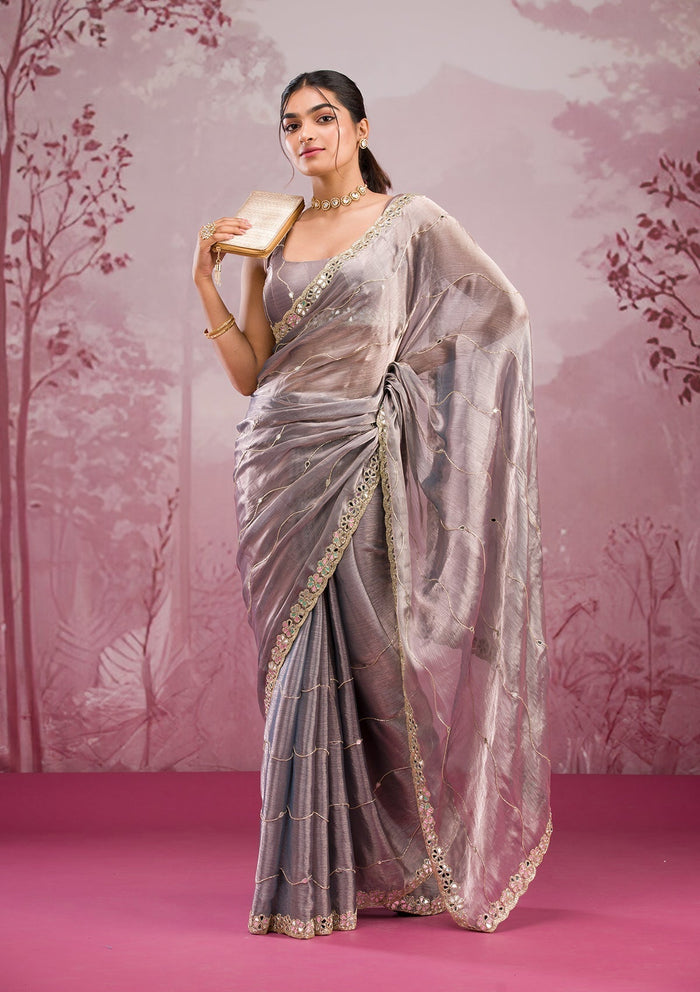Fashion Cave Grey Mirrorwork Tissue Saree