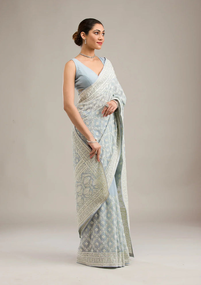 Fashion Cave Grey Threadwork Georgette Saree