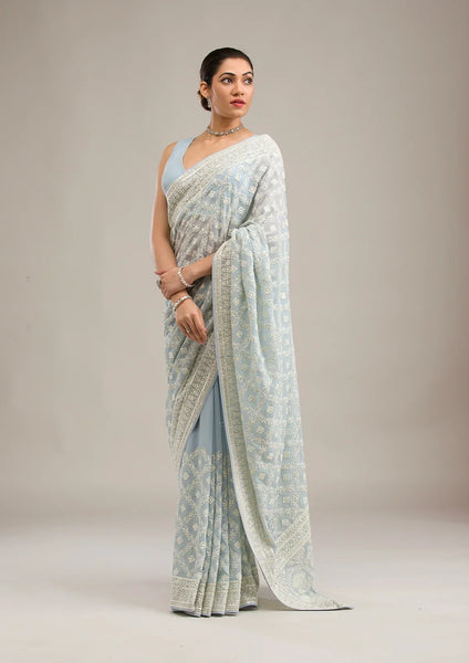 Fashion Cave Grey Threadwork Georgette Saree