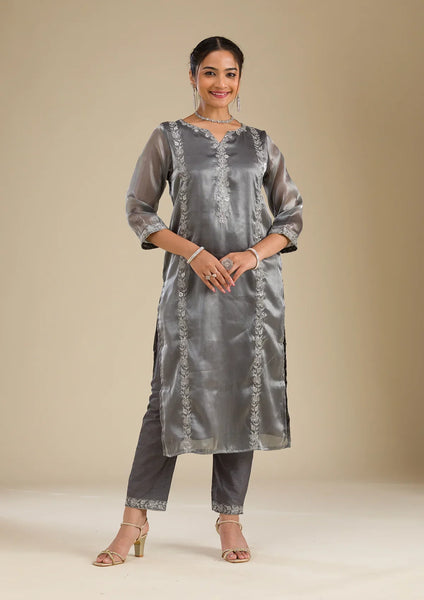 Fashion Cave Grey Zariwork Crepe Readymade Salwar Suit