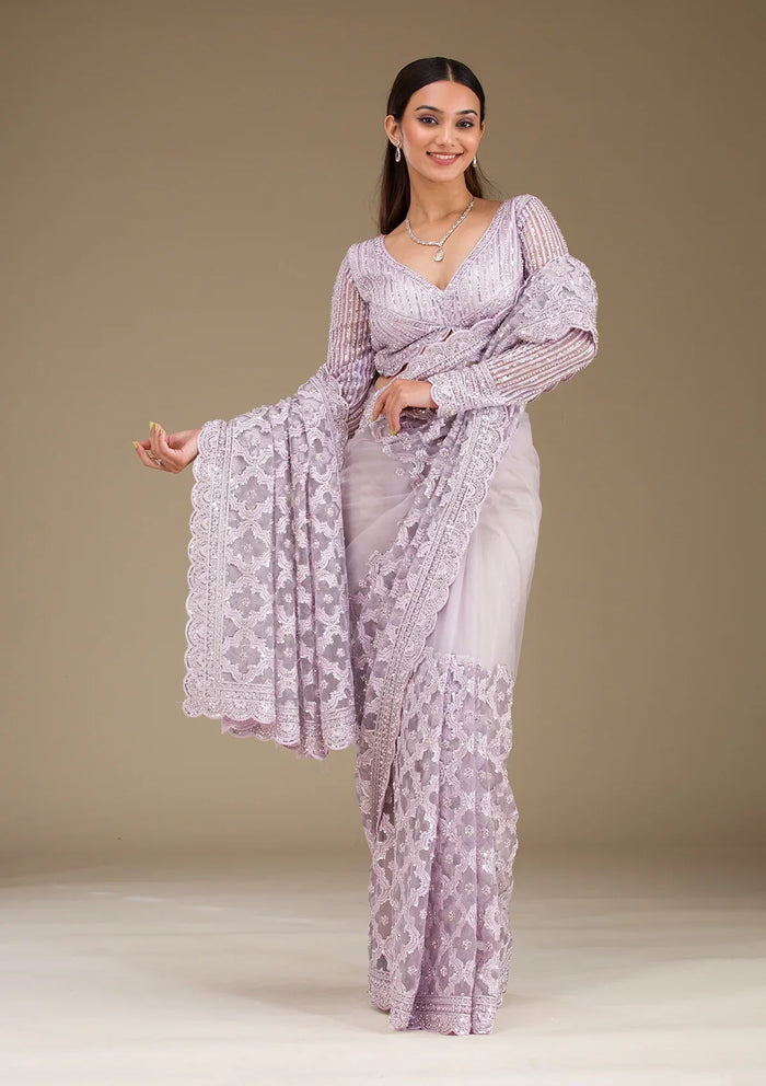 Fashion Cave Lavender Threadwork Net Saree