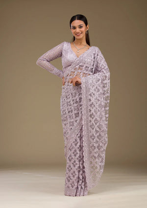 Fashion Cave Lavender Threadwork Net Saree