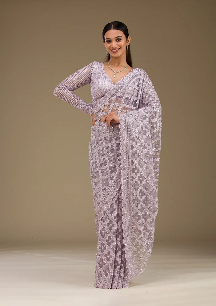 Fashion Cave Lavender Threadwork Net Saree