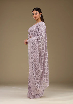 Fashion Cave Lavender Threadwork Net Saree