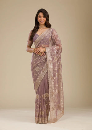 Fashion Cave Light Brown Zariwork Tissue Saree