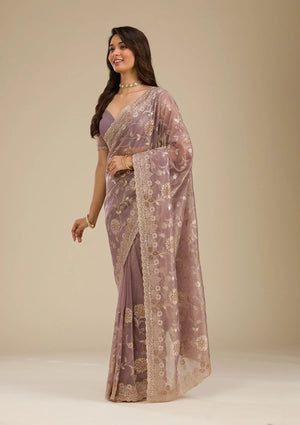 Fashion Cave Light Brown Zariwork Tissue Saree
