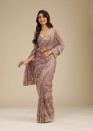Fashion Cave Light Brown Zariwork Tissue Saree