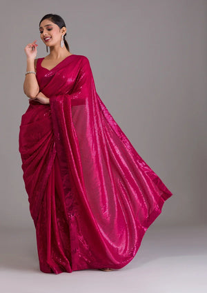 Fashion Cave Rani Pink Sequins Georgette Designer Saree