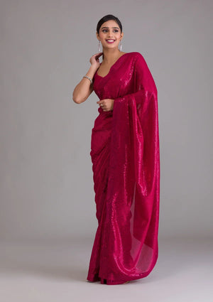 Fashion Cave Rani Pink Sequins Georgette Designer Saree