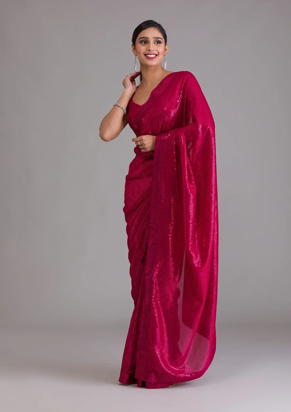 Fashion Cave Rani Pink Sequins Georgette Designer Saree