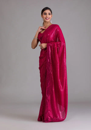 Fashion Cave Rani Pink Sequins Georgette Designer Saree