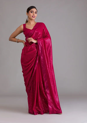 Fashion Cave Rani Pink Sequins Georgette Designer Saree