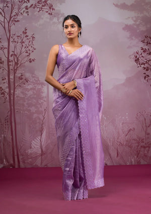 Fashion Cave Mauve Swarovski Tissue Saree