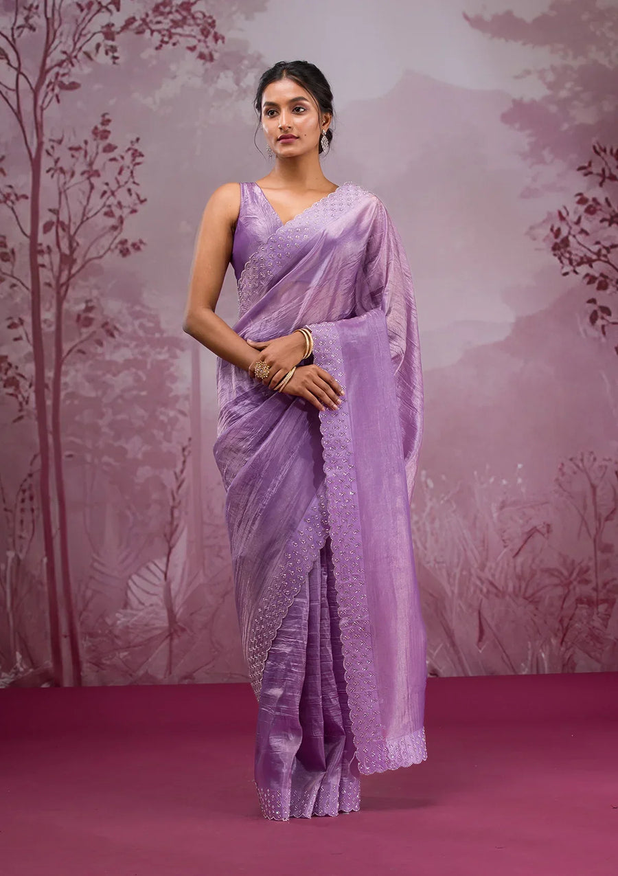 Fashion Cave Mauve Swarovski Tissue Saree