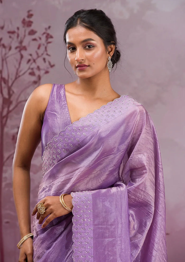 Fashion Cave Mauve Swarovski Tissue Saree