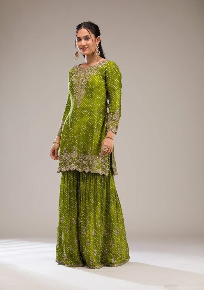Fashion Cave Mehendi Zariwork Semi Crepe Readymade Salwar Suit