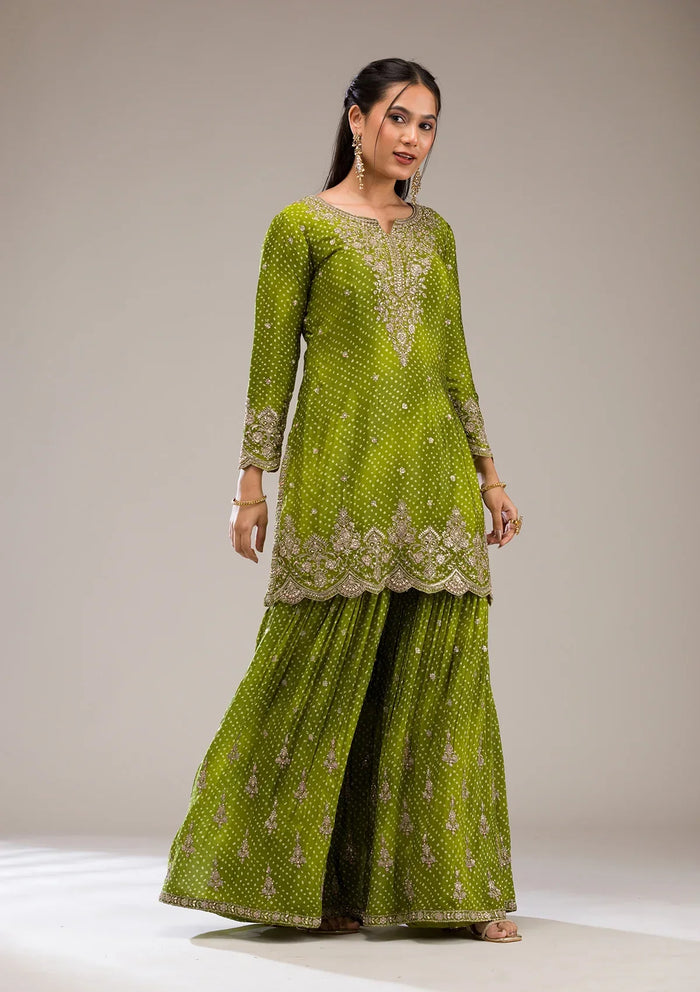 Fashion Cave Mehendi Zariwork Semi Crepe Readymade Salwar Suit
