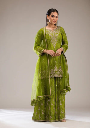 Fashion Cave Mehendi Zariwork Semi Crepe Readymade Salwar Suit