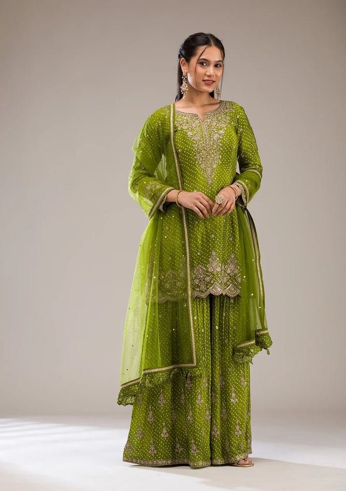Fashion Cave Mehendi Zariwork Semi Crepe Readymade Salwar Suit