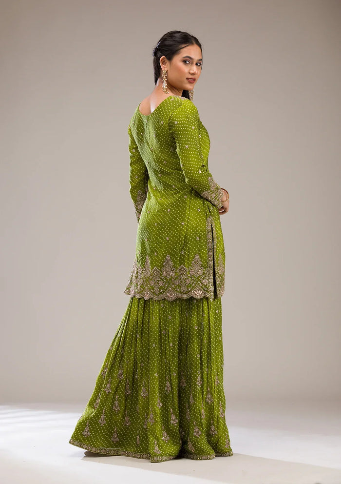 Fashion Cave Mehendi Zariwork Semi Crepe Readymade Salwar Suit