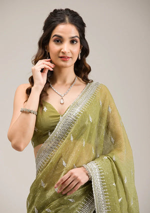 Fashion Cave Mehendi Zariwork Tissue Saree
