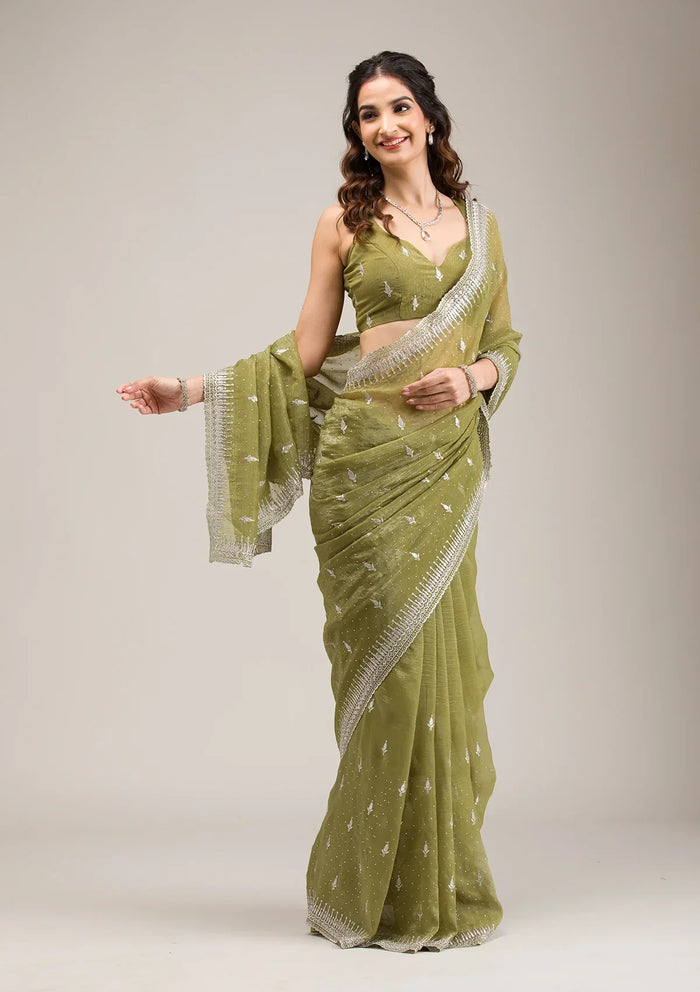 Fashion Cave Mehendi Zariwork Tissue Saree