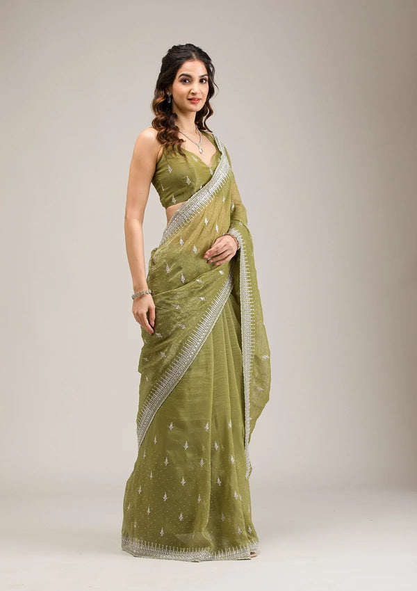Fashion Cave Mehendi Zariwork Tissue Saree