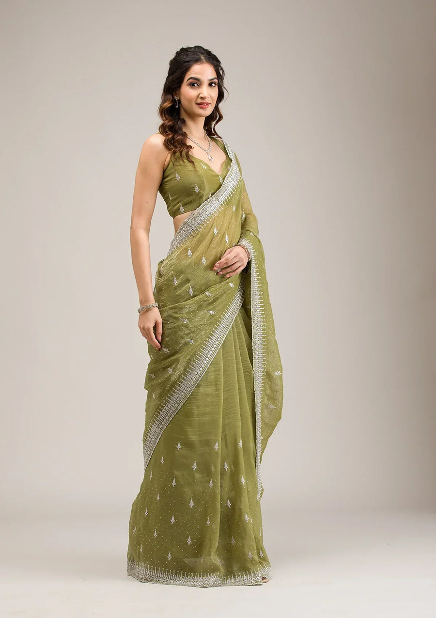 Fashion Cave Mehendi Zariwork Tissue Saree