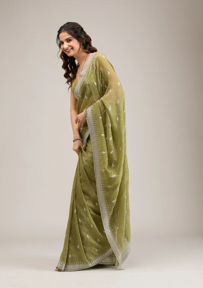 Fashion Cave Mehendi Zariwork Tissue Saree