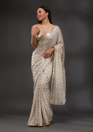 Fashion Cave Off White Sequins Georgette Saree
