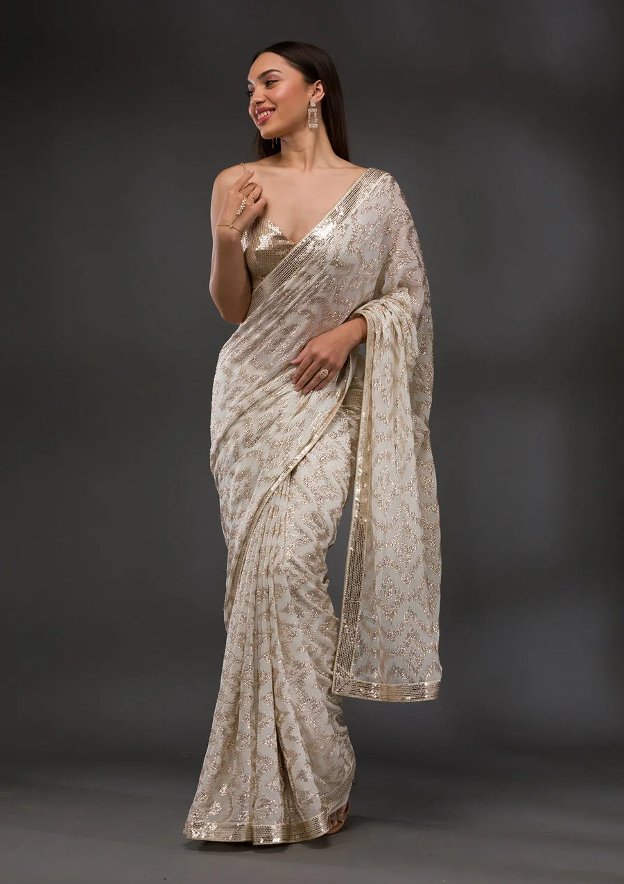 Fashion Cave Off White Sequins Georgette Saree