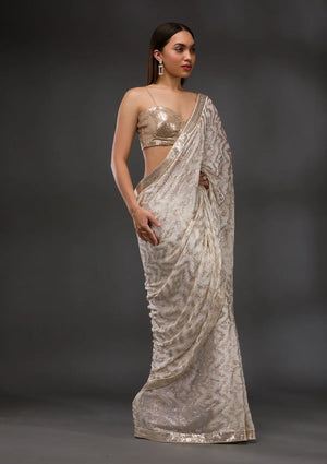 Fashion Cave Off White Sequins Georgette Saree