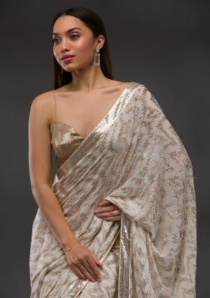 Fashion Cave Off White Sequins Georgette Saree