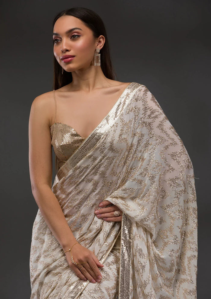 Fashion Cave Off White Sequins Georgette Saree