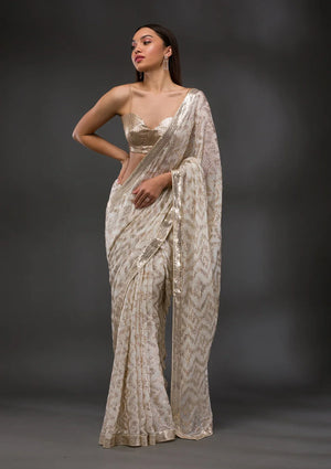 Fashion Cave Off White Sequins Georgette Saree