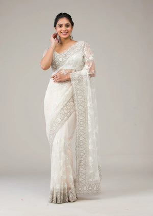 Fashion Cave Off White Stonework Net Saree