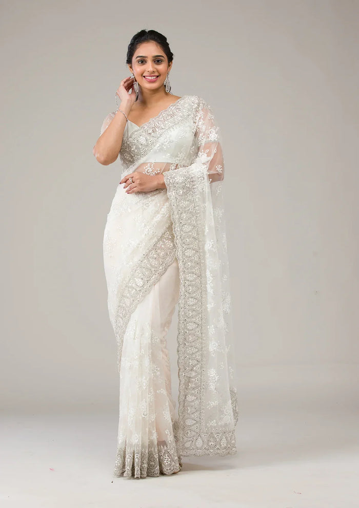 Fashion Cave Off White Stonework Net Saree