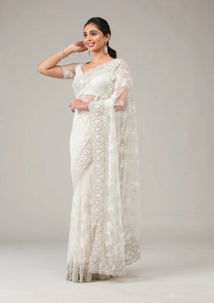 Fashion Cave Off White Stonework Net Saree