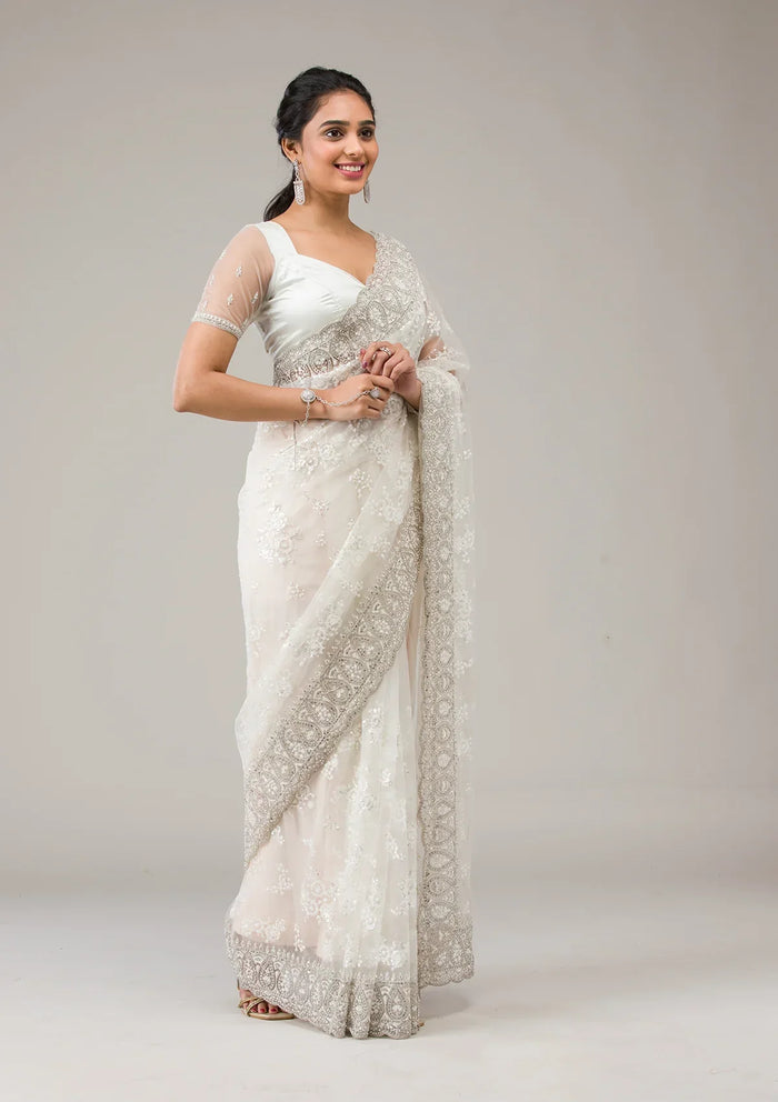 Fashion Cave Off White Stonework Net Saree