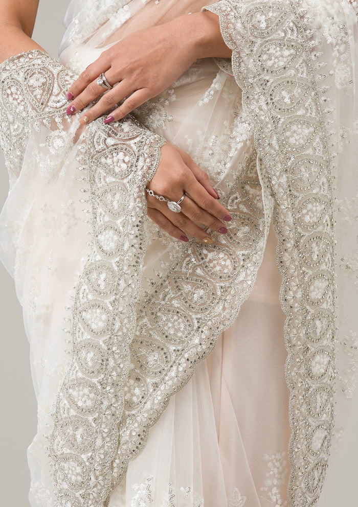 Fashion Cave Off White Stonework Net Saree