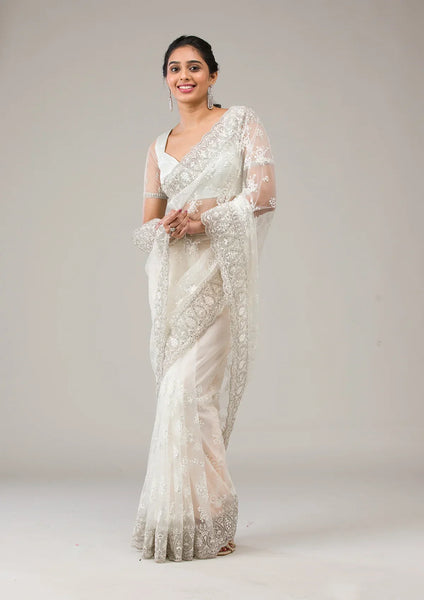 Fashion Cave Off White Stonework Net Saree