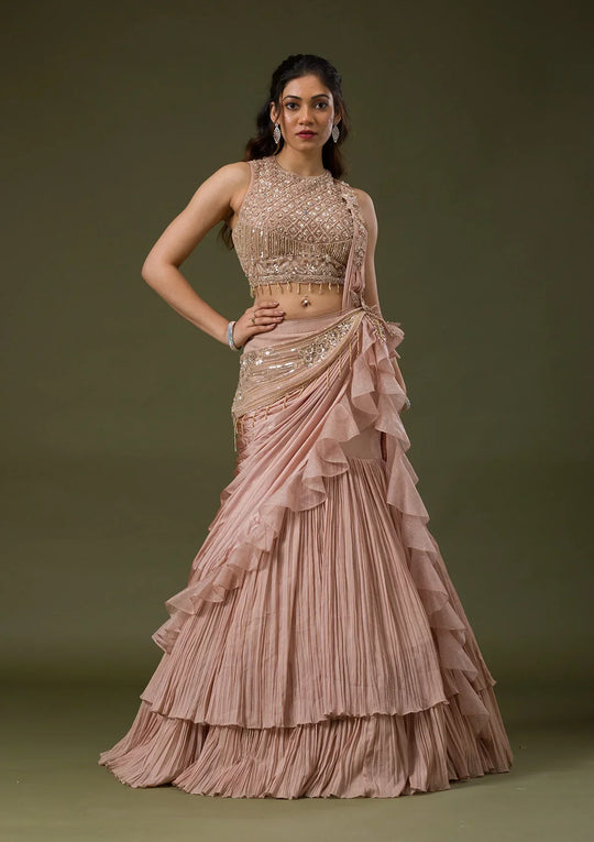 Fashion Cave Onion Pink Cutdana Lycra Readymade Lehenga