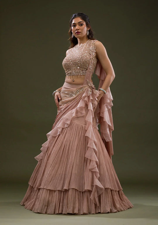 Fashion Cave Onion Pink Cutdana Lycra Readymade Lehenga