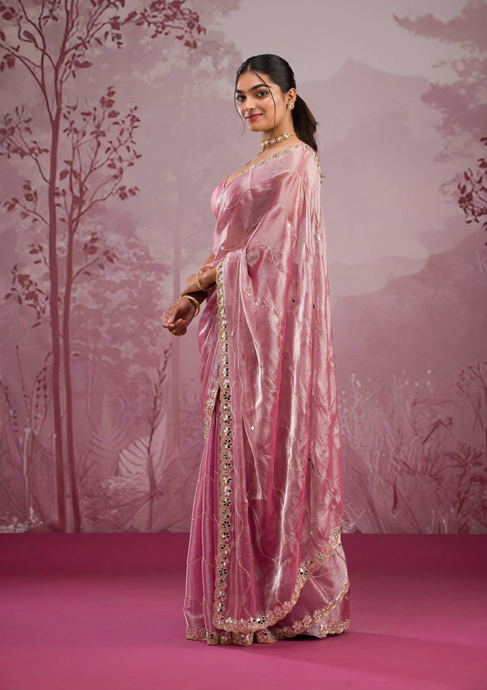 Fashion Cave Onion Pink Mirrorwork Tissue Saree