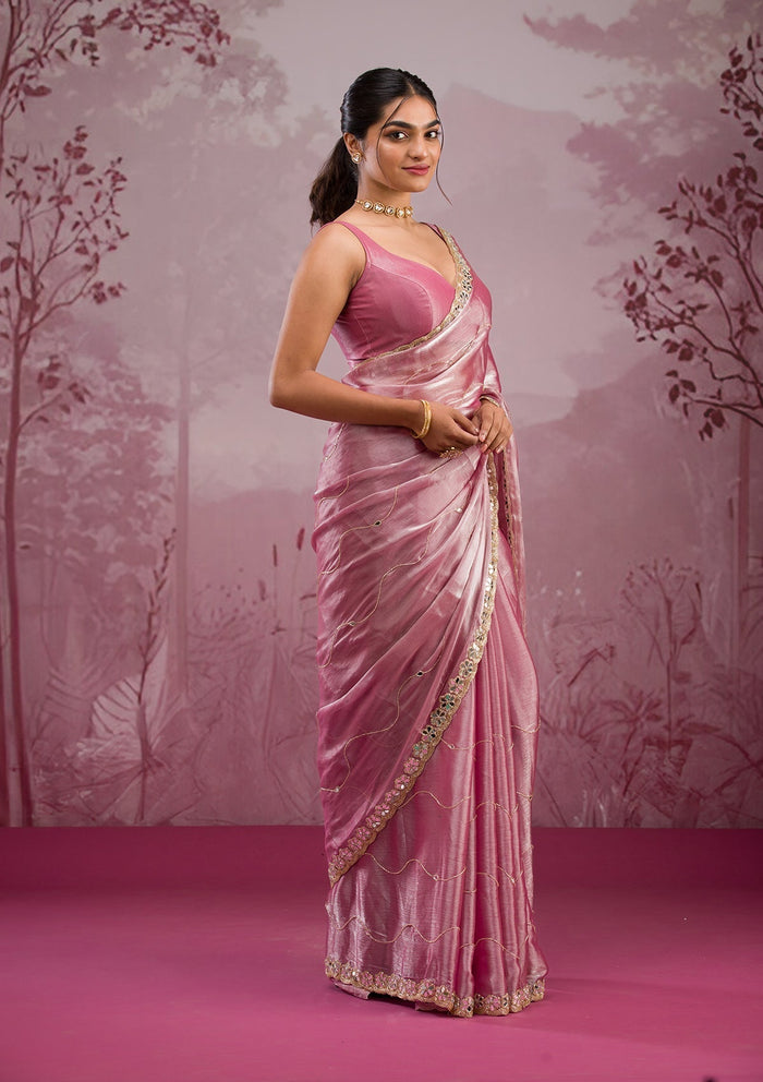 Fashion Cave Onion Pink Mirrorwork Tissue Saree