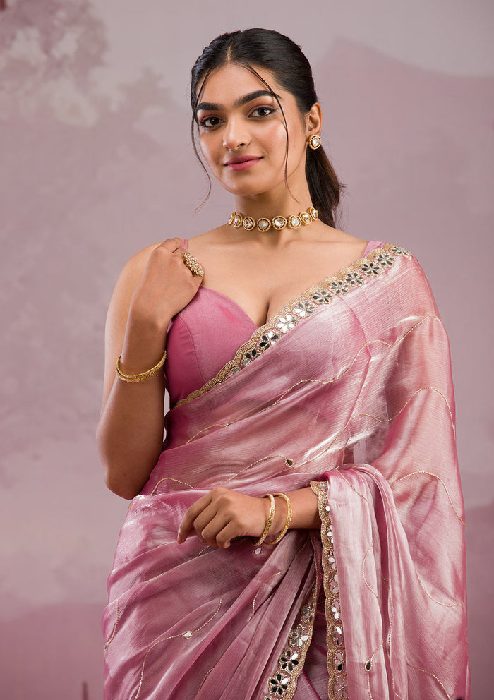 Fashion Cave Onion Pink Mirrorwork Tissue Saree