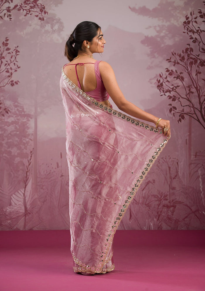 Fashion Cave Onion Pink Mirrorwork Tissue Saree