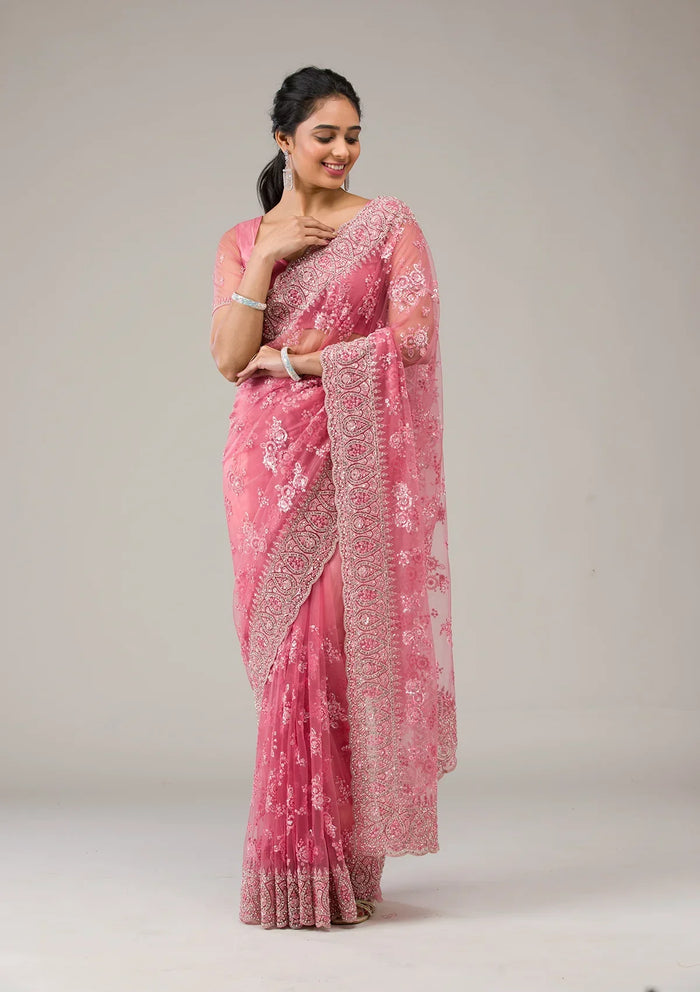 Fashion Cave Onion Pink Stonework Net Saree