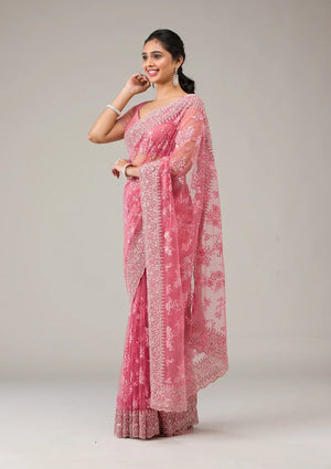 Fashion Cave Onion Pink Stonework Net Saree